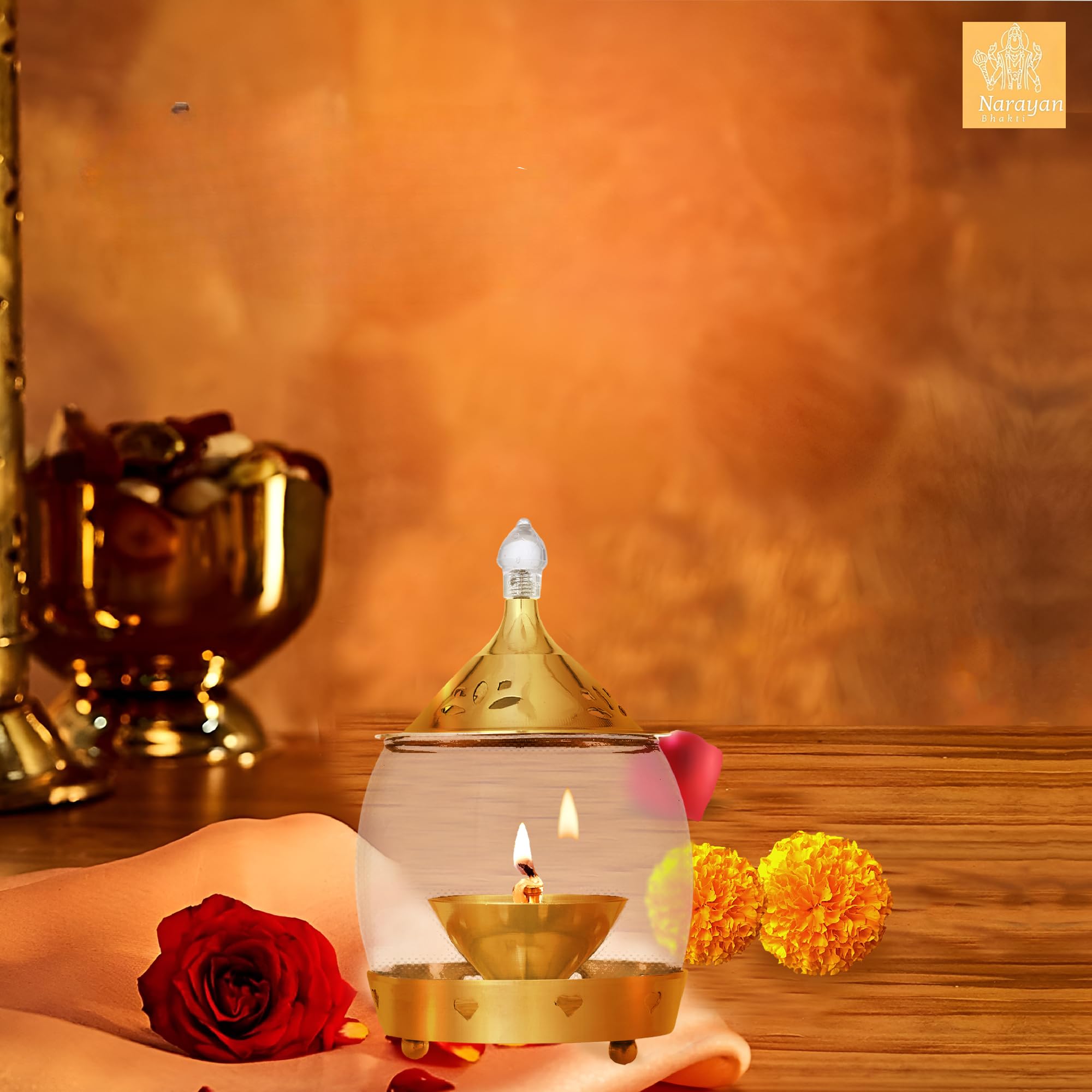 Narayan Bhakti ᵀᴹ akhand Diya with Glass Cover and Oil lamp(Burning 5 hrs) for Home, Office, Puja, Mandir, Decorative Lantern Diya with Glass/Shade Cover for Prayer