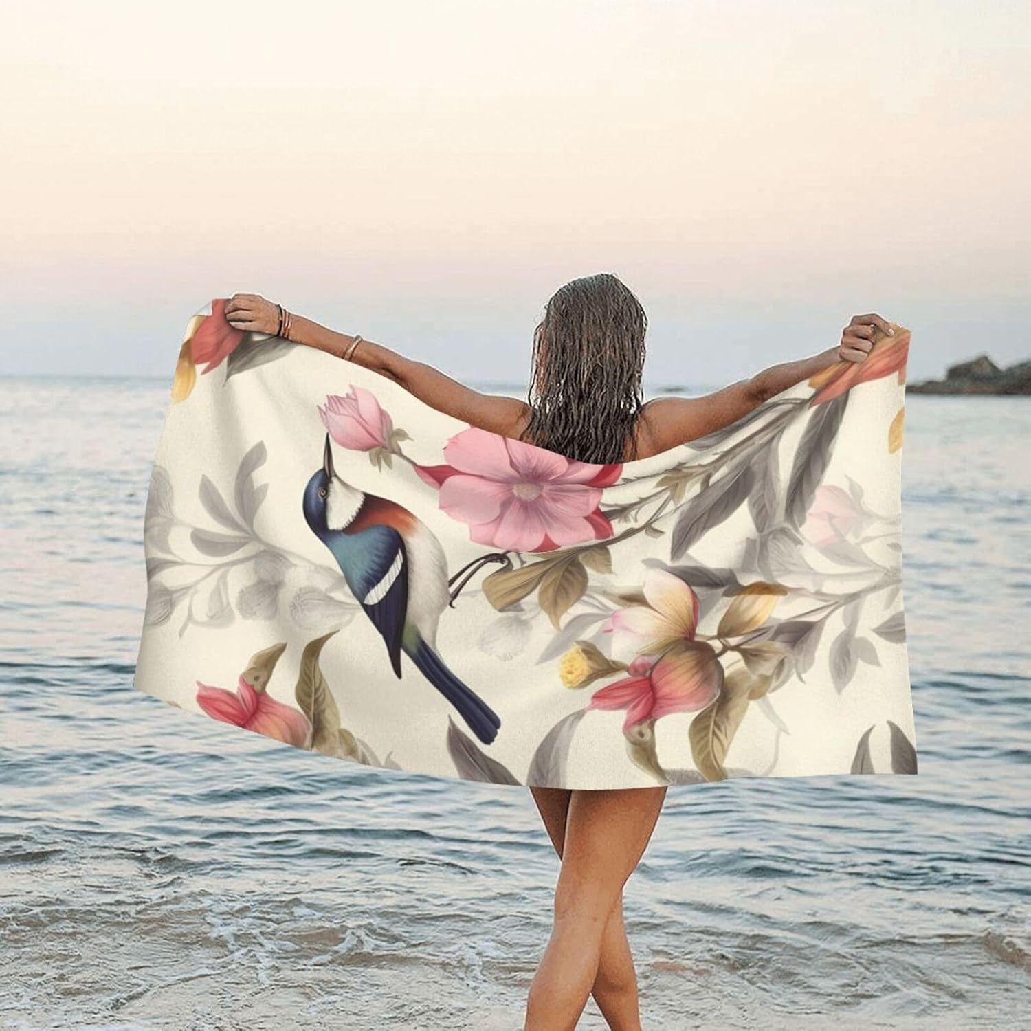 KHiry Microfiber Towel Beach Towels Vintage Bird Flower Quick Dry Towel Soft Lightweight Travel Towels Absorbent Large Easy Pack Travel Things Beach Blanket for Gym Sports Swimming