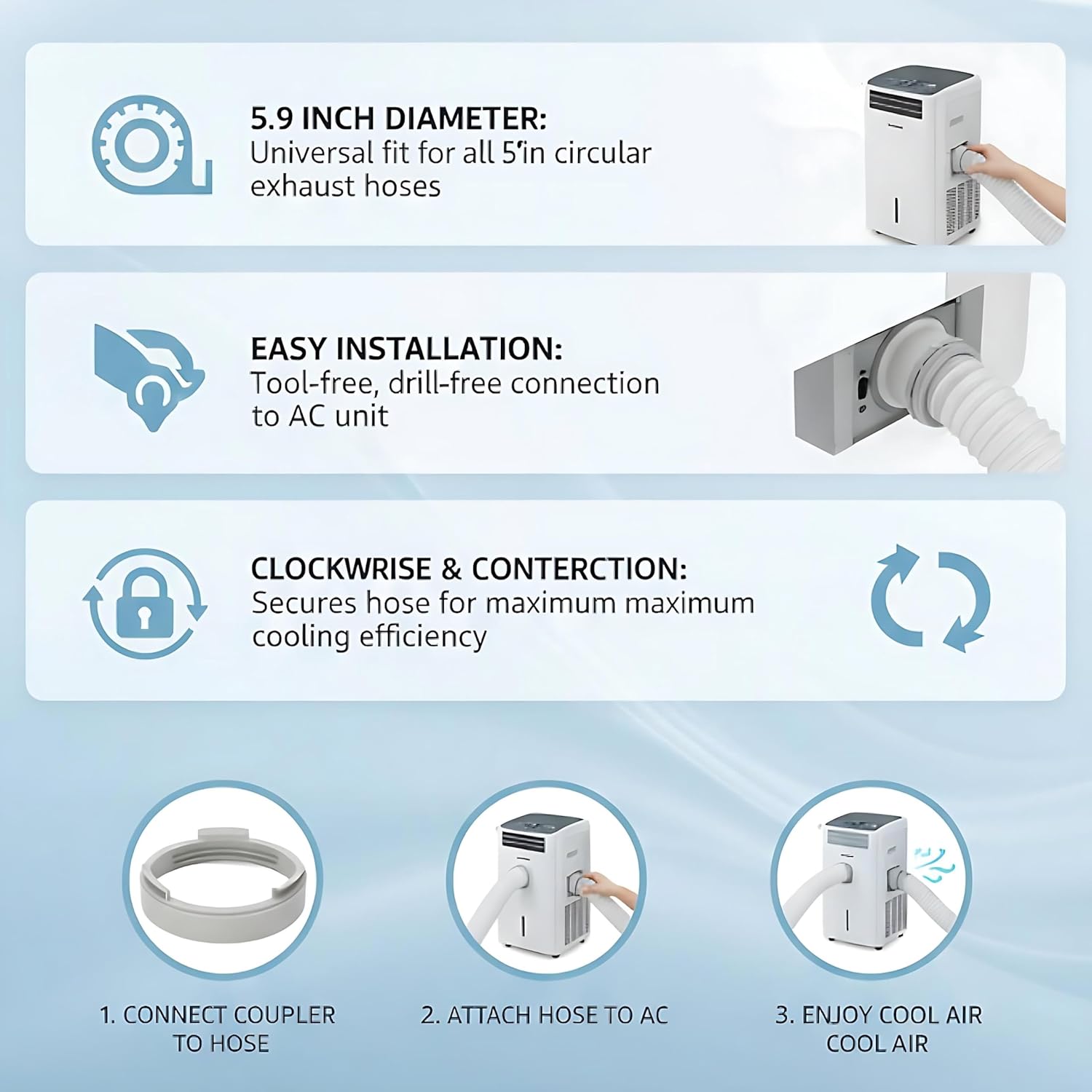 Portable Air Conditioner Exhaust Hose Coupler, 5.9 Inch Diameter, ABS Material, Compatible with Clockwise and Counterclockwise Hoses