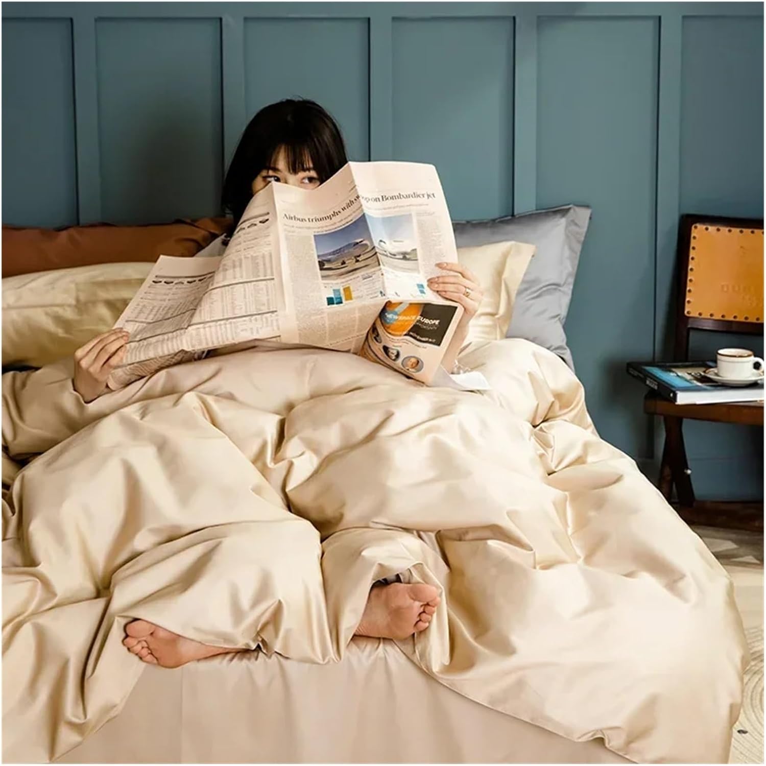 Light Luxury Cotton Long Staple Cotton Four Piece Set, Simple Solid Color Contrast Bed Sheet, Fitted Sheet, Quilt Cover,Bed