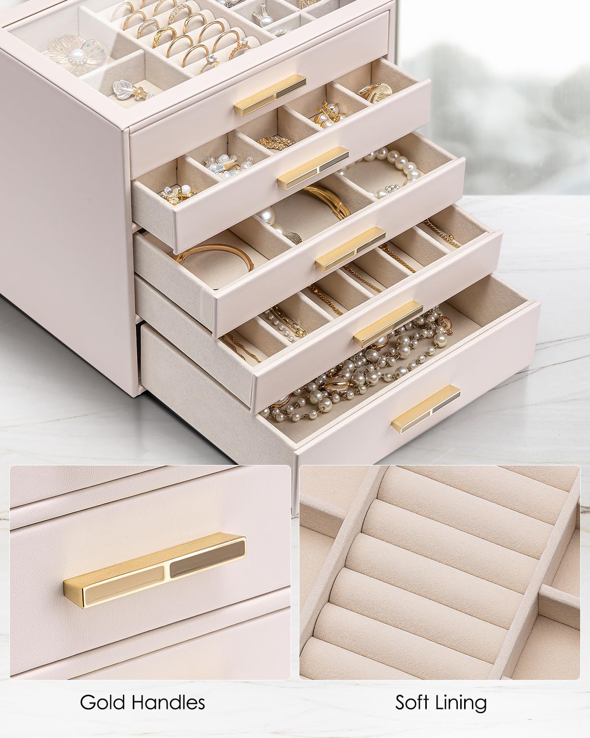 Vlando Schmuckkassette Mit Glasdeckel - 3 Schubladen Organizer Weiß