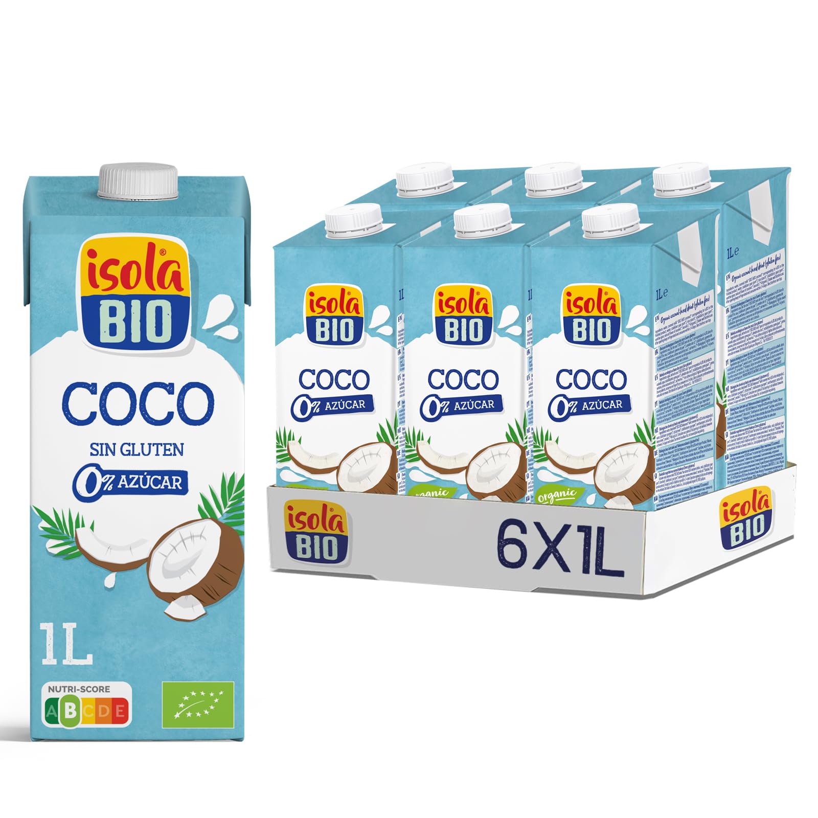 Bebida Ecológica de Coco Sin Azúcar Pack 6x1 L - Isola Bio Vegano Sin Gluten