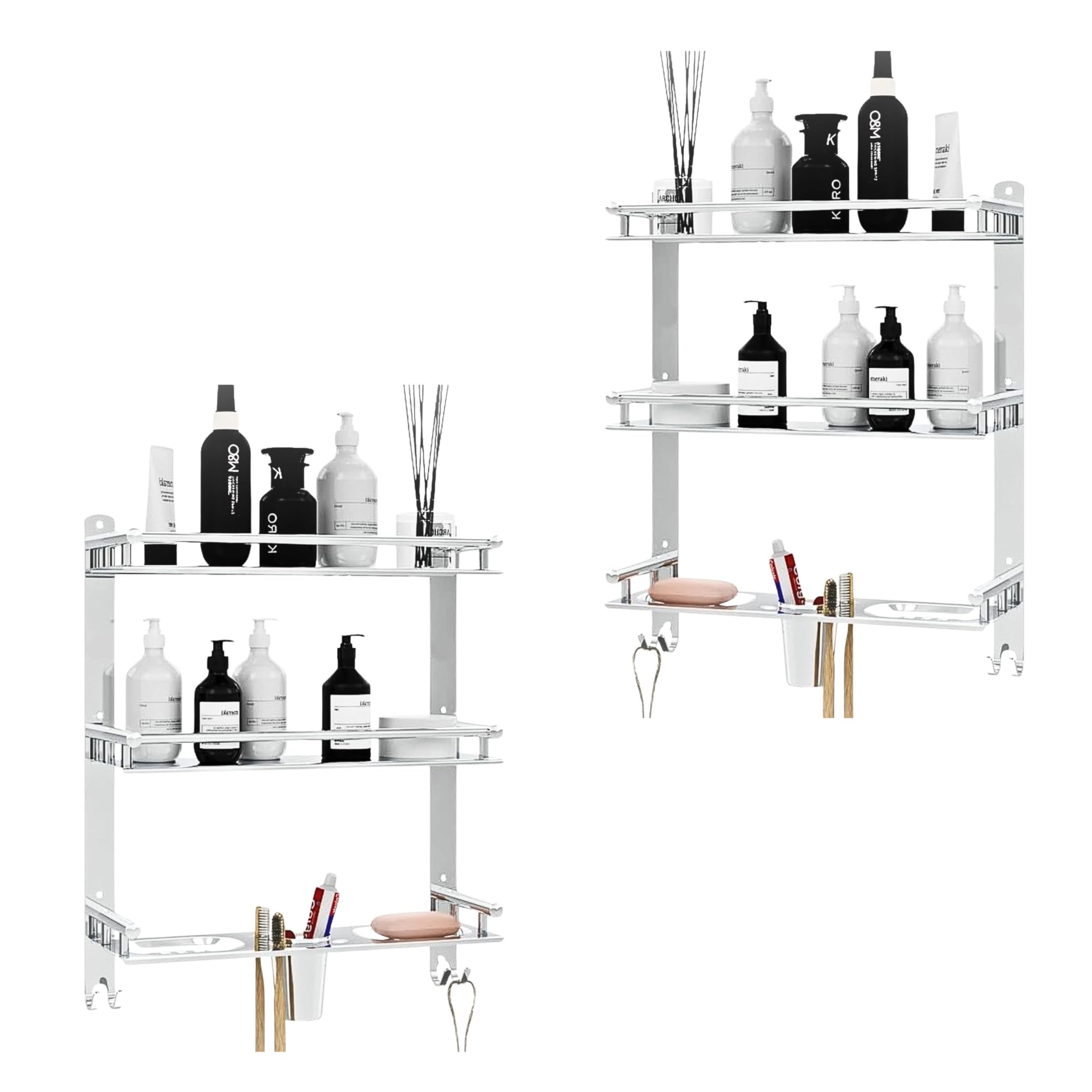 GLOXY Stainless Steel 3 Layer Multipurpose Organizer Shelf for Bathroom with Double Soap Dish and Toothbrush Holder Soap Holder for Bathroom Accessories (15 x 5 x 19 inch, Mirror Finish, Pack of 2)