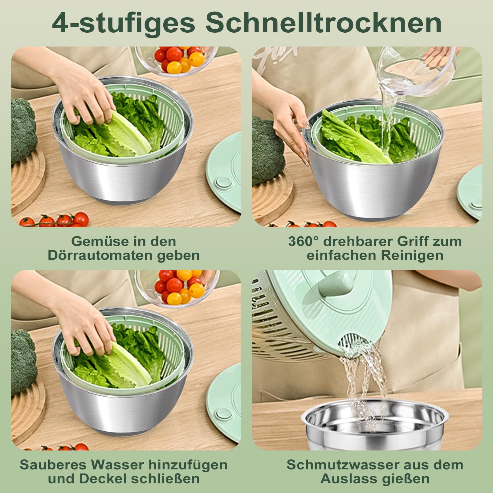 5L Salatschleuder Edelstahl, Gemüseschneider, Rührschüssel 3-in-1, mit 6 verschiedenen Ausstechern & rutschfestem Boden, Handkurbel-Design, Zum Obst und Gemüsehobel und trocknen, Küchenhelfer