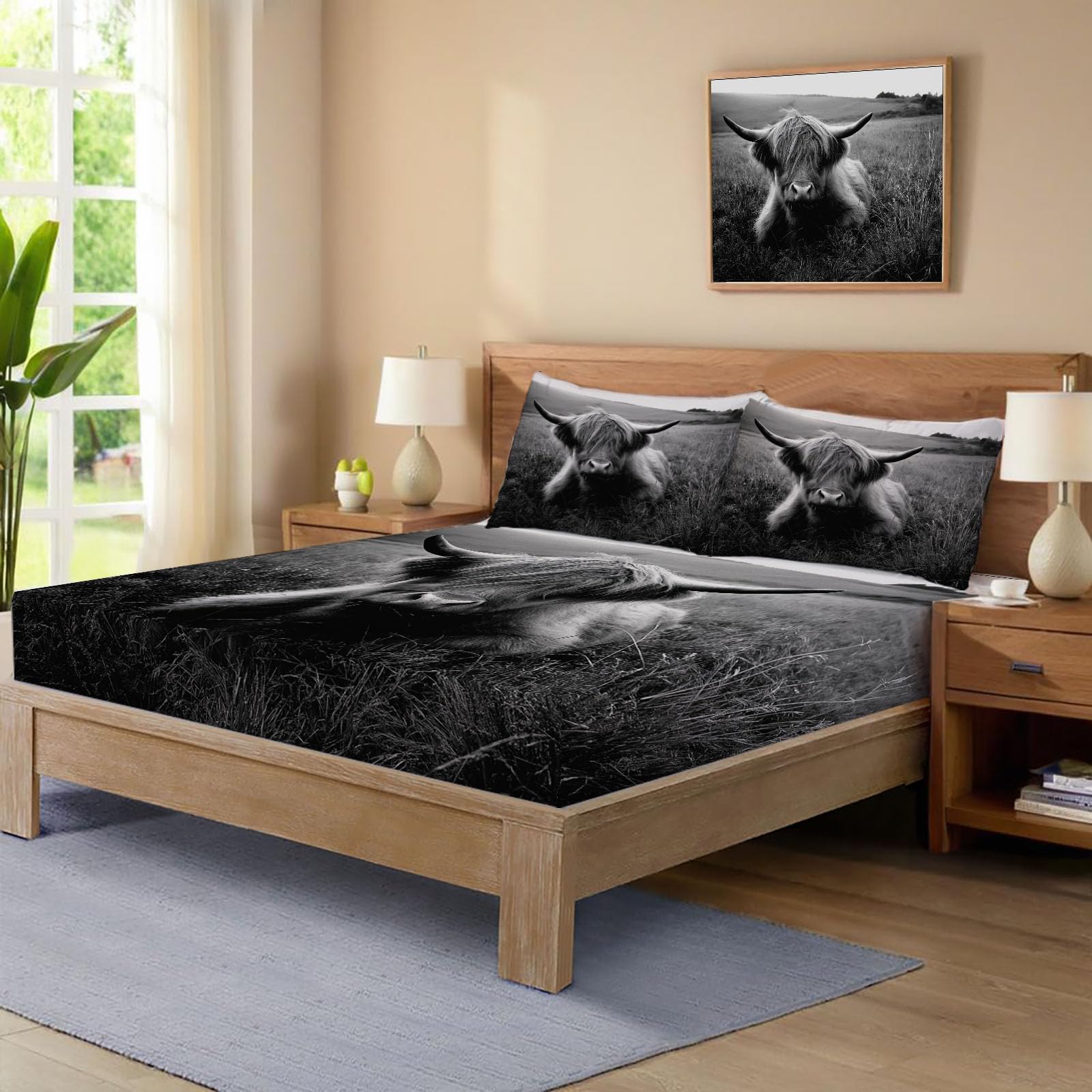 Sábanas 200X190/200Cm - Juego De Sábanas 3 Piezas Estampadas Ganado Tierras Altas Vintage - Microfibra Suave Transpirable - Sábana Bajera Ajustable - Ropa De Cama Animales Pastizales (Blanco Negro)