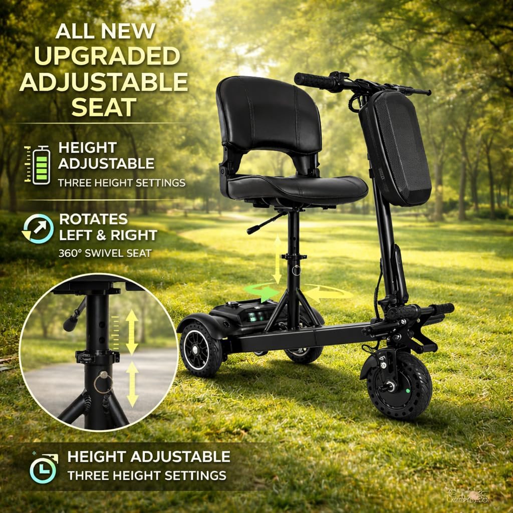 3 Wheel Electric Mobility Scooter with Seat for Adults & Seniors - 200W Motor 6.8 MPH Max Speed 36V 10 AH 24 Miles Range Battery 8" Honeycomb Tires Dual Brake System Removable Folding Seat