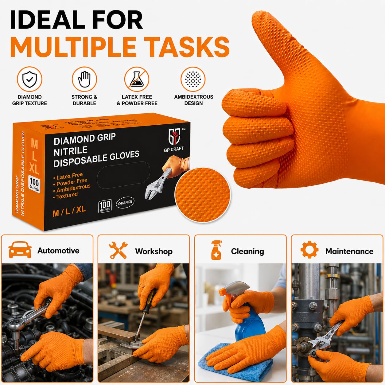 GP-68 Orange Nitrilhandschuhe, 8 mm, strapazierfähig, latexfrei, puderfrei, Einweg mit Diamantgriff, 100 Stück, L