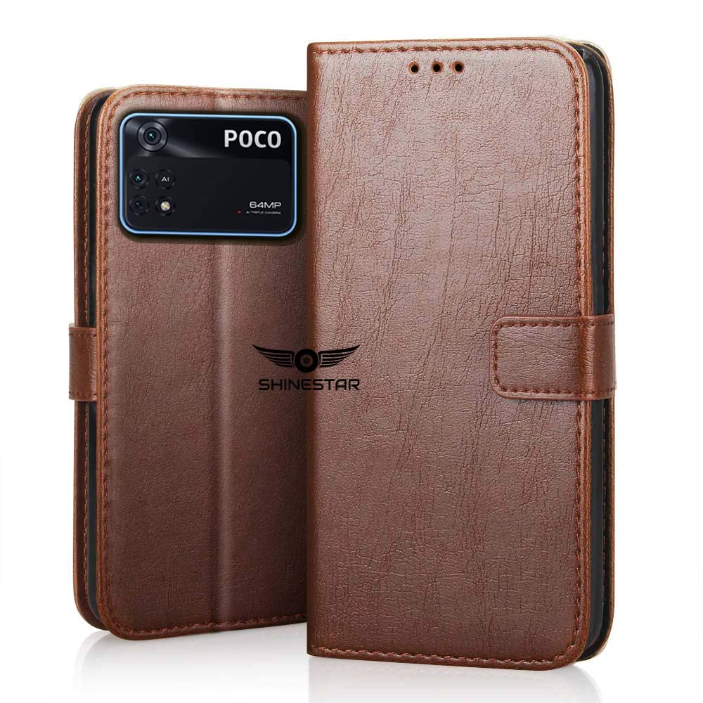 SHINESTAR Poco X4 Pro 5G Flip Back Cover | PU Leather Flip Cover Wallet Case with TPU Silicone Case Back Cover for Poco X4 Pro 5G - (Classic Brown)