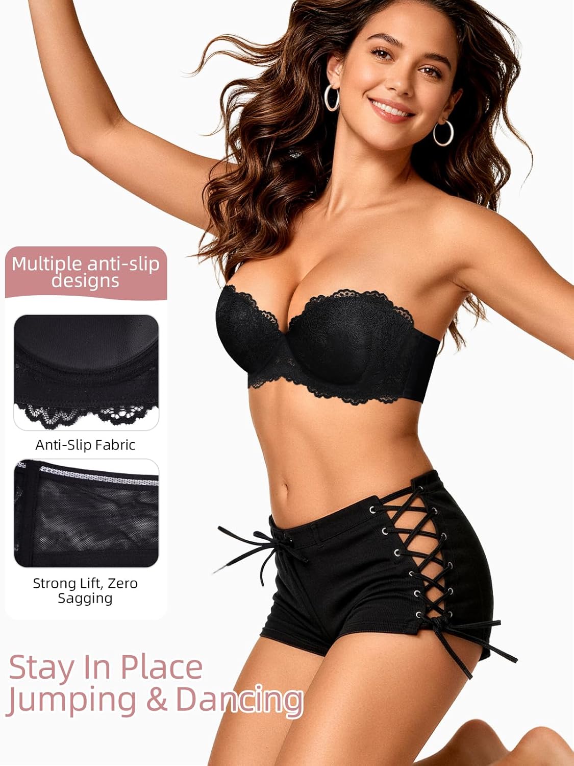 Upushall Strapless Push Up Bra Lace Heavily Padded Balconette with Clear Straps Multiway Adds 2 Cup Sizes Black 42B