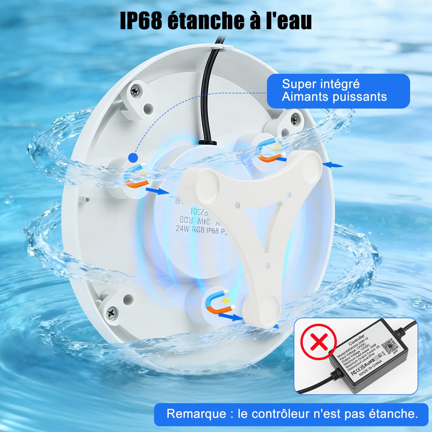 COOLWEST Projecteur Piscine LED pour Piscine hors sol, 24W RGB Smart LED Lampe Couleur Contrôlé par APP pour Piscines Acier, Éclairage Piscine Magnétique, Étanchéité IP68, Minuterie, 12V, 7m Câble