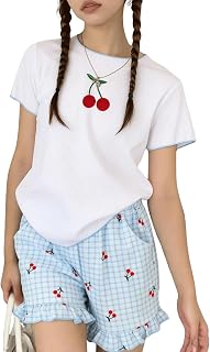 Yoxindax Tween Girls Summer 2-Piece Outfit Set - Crew Neck Short Sleeve T-Cherry Print Shorts 7-14Y Summer Clothes