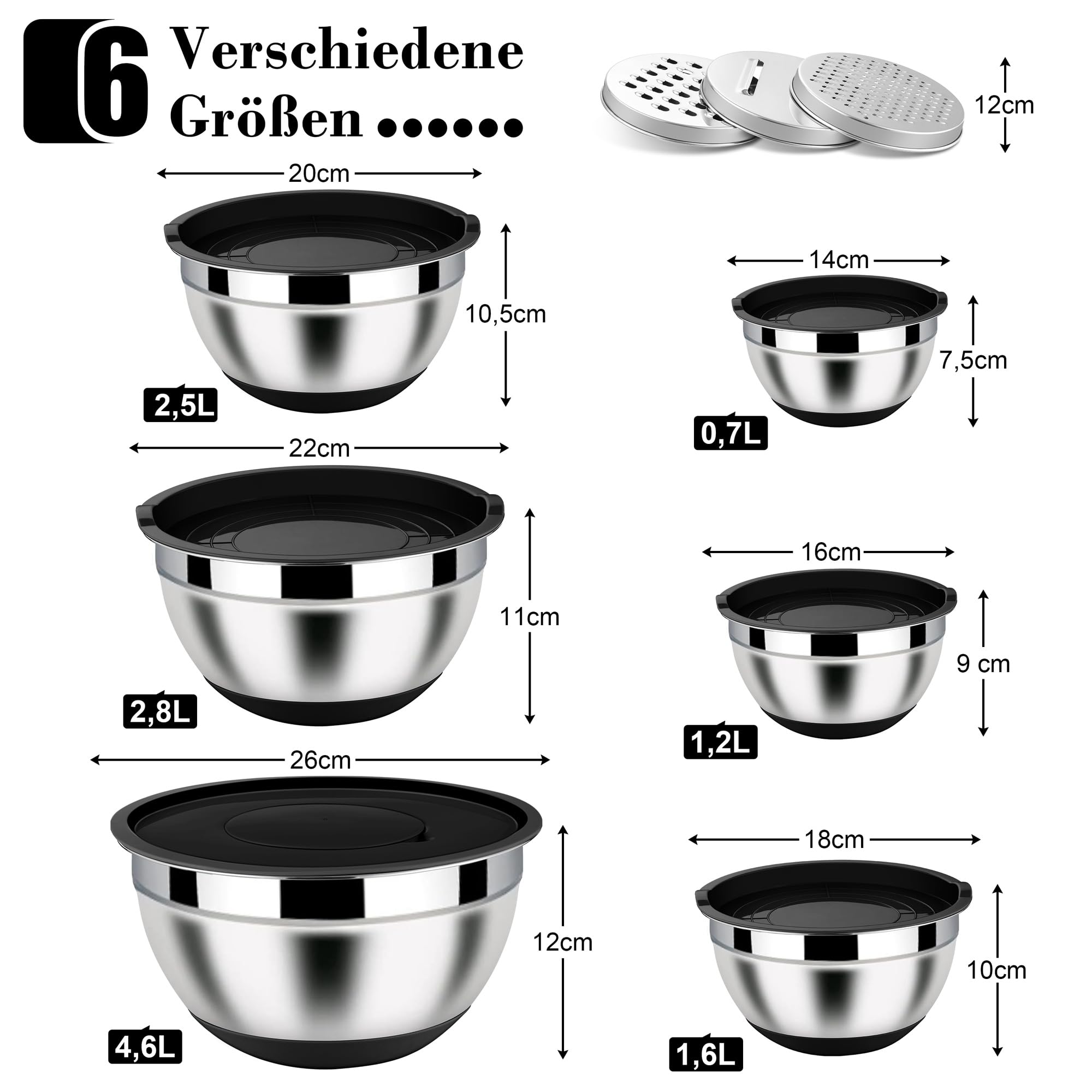 Homikit Juego de 6 cuencos para mezclar, acero inoxidable, color negro, ensaladera con 3 accesorios para mezclar y mezclar, tapa hermética y base de silicona, 4,6 l, 2,8 l, 2,5 l, 1,6 l, 1,2 l, 0,7 l,