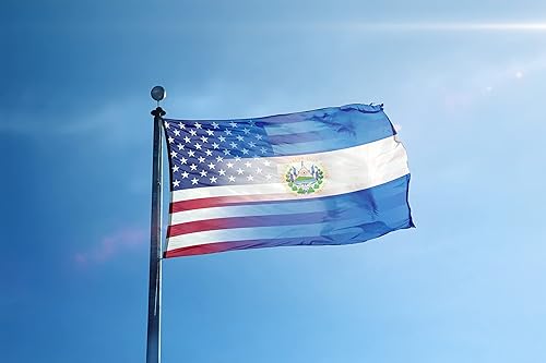 Miniatura 2 de Bandera híbrida salvadoreña estadounidense de 3 x 5 pies pancarta 100% poliéster, ojales de latón y cabecera de lona fuerte, para uso en exteriores