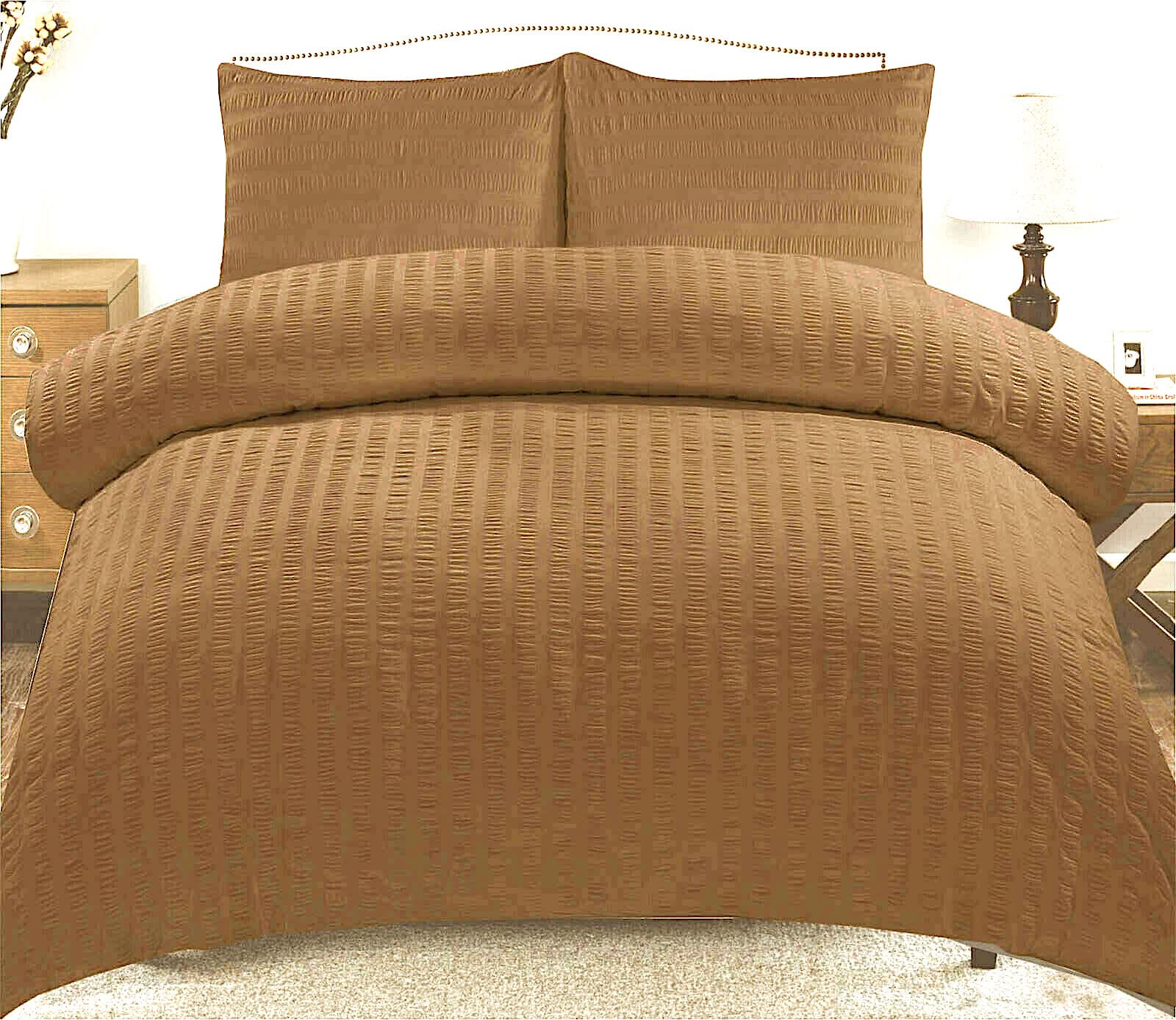 KD HOME EVERYTHING YOU NEED Seersucker Duvet Quilt Cover Set with Matching Pillowcases, Ultra Soft Cosy Polycotton Stripe Design, Easy Care & Machine Washable (Latte, Single)