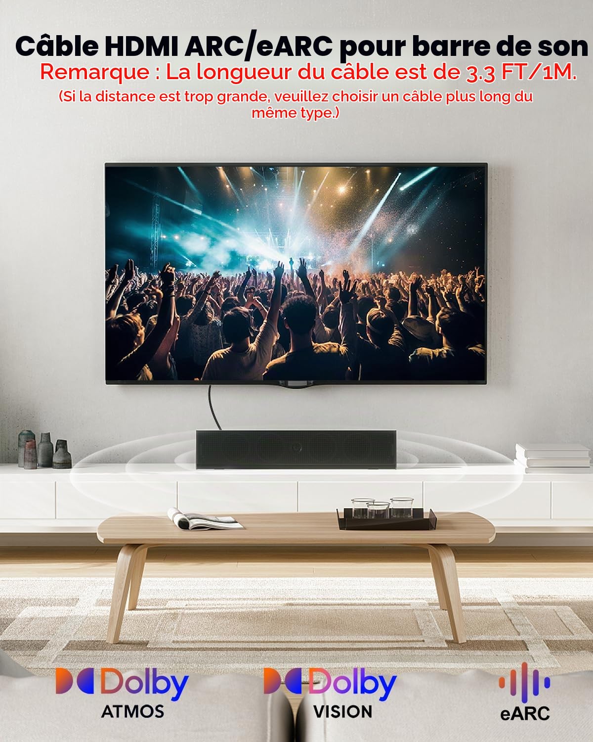 Câble HDMI ARC/eARC 8K pour barre de son vers TV 1,1 m, câble HDMI eARC 2.1 48 Gbps ultra haut débit Dolby Atmos 8K @ 60 Hz, 4K @ 120 Hz HDR 3D HDCP2.3 et 2.3 pour barre de son Vizio Sono