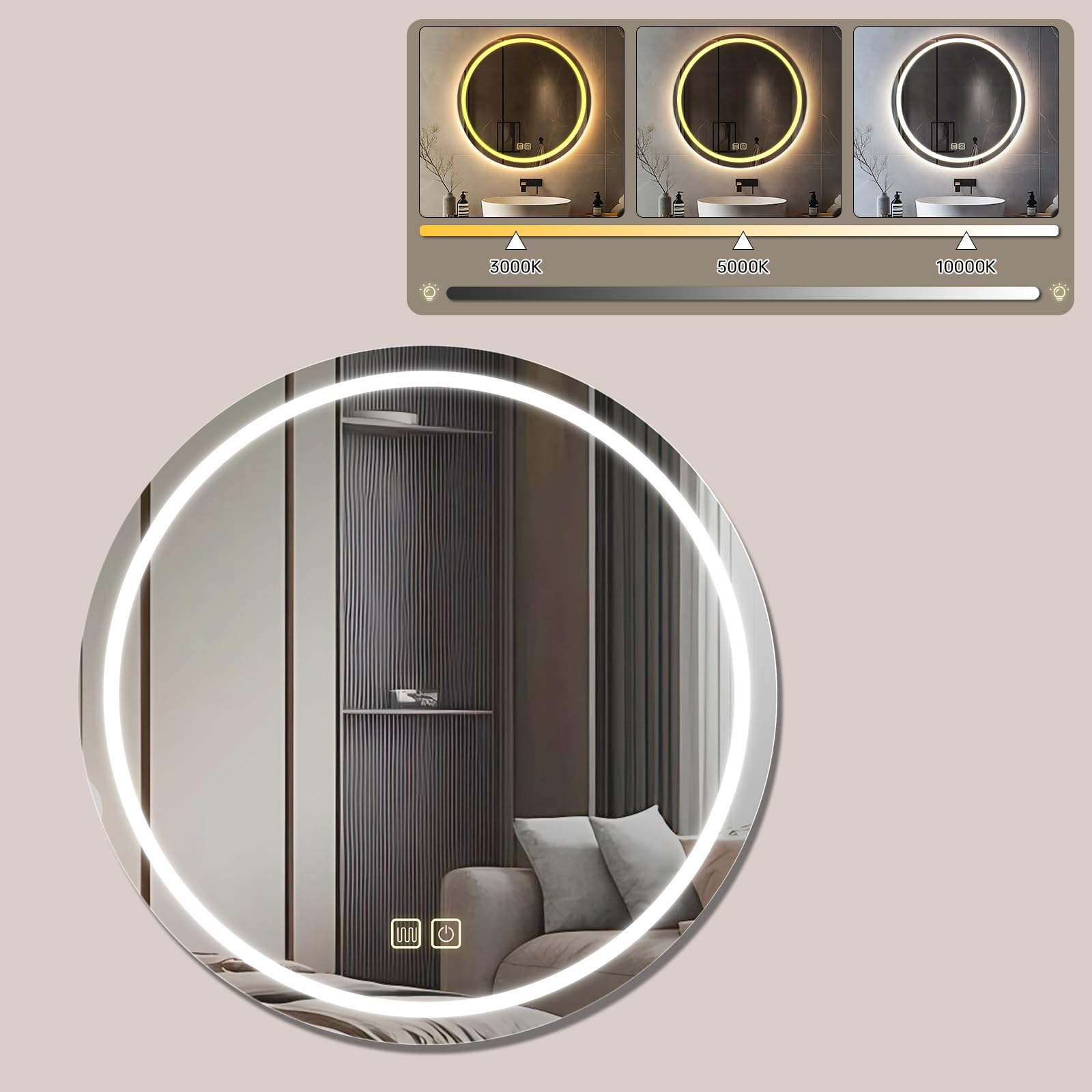 Specchio da Bagno LED con Illuminazione,Specchio Rotondo con Illuminazione,3 Colori di Luce Dimmerabili,Specchio da Bagno con Interruttore Touch e Antiappannamento,3000K-10000K (60 cm)