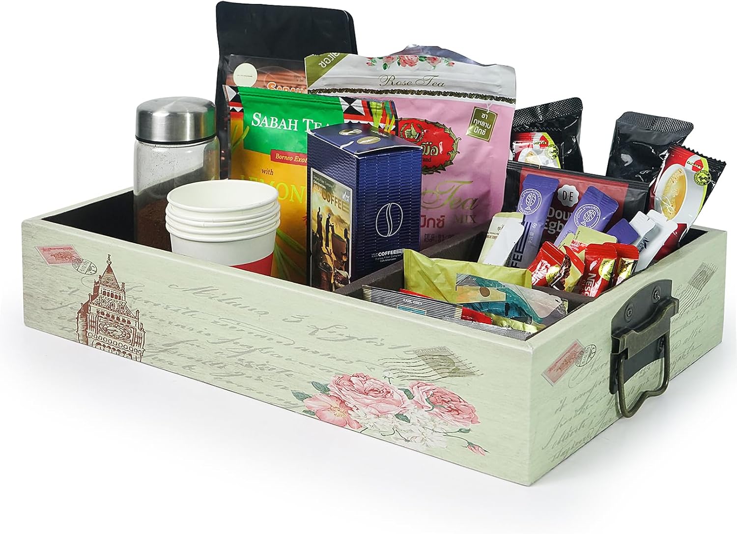 DreamsEden Large Wooden Coffee Organizer Station with Handle, 4 Compartment Coffee Pod Holder and K Cup Organizer for Countertop, Vintage Style Coffee Bar Tray for Office Break Room, Kitchen, Housewar