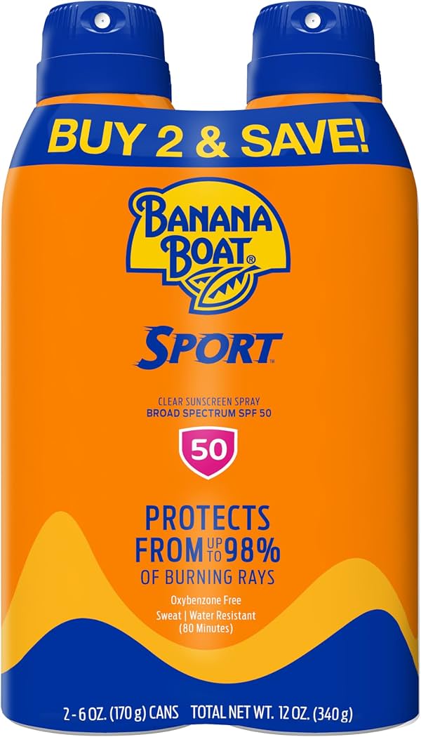 Protector Solar en Spray Banana Boat Sport SPF 50, 6 oz (Paquete de 2) | Bloqueador solar resistente al sudor y al agua, protección de amplio espectro UVA/UVB, fórmula ligera, protección solar para exteriores 6 Onzas (Paquete de 2)