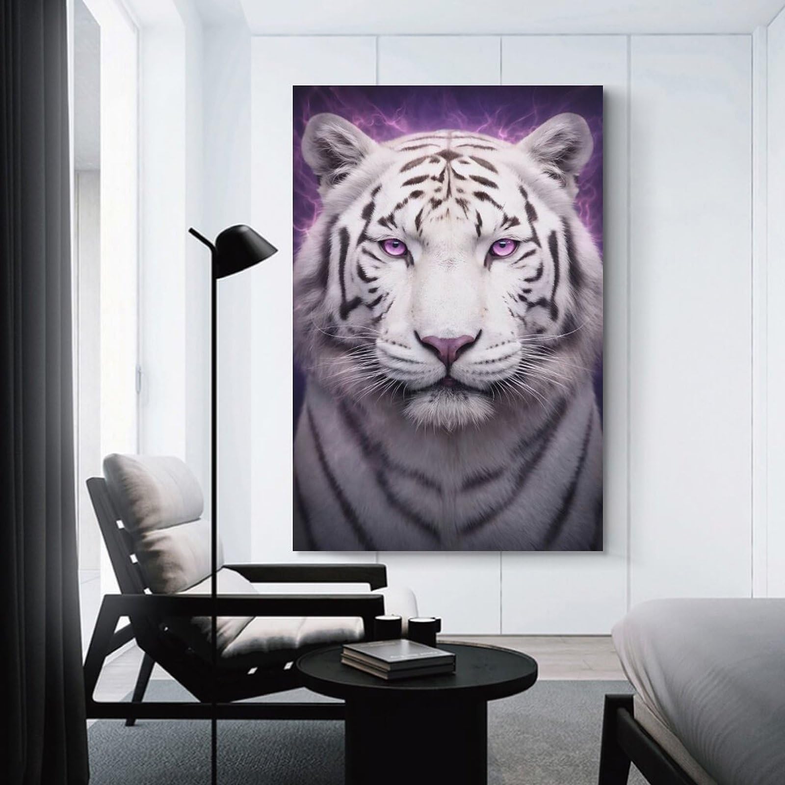 Junmoney Canvas Wall Art White Tiger with Purple Aura, 24x36inch(60x90cm), for Corridors, Hallways Or Apartment Entries, Decorative Canvas Styling for Entry Areas