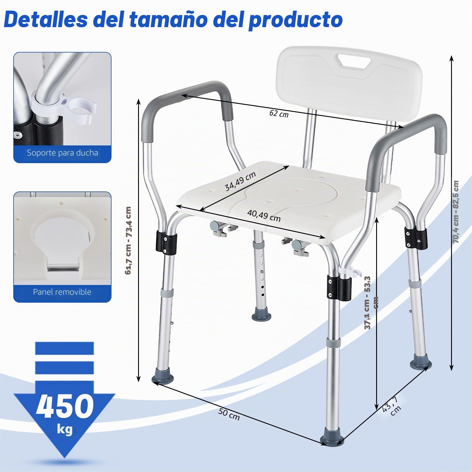 Silla de Ducha para Mayores, Asiento Extraíble en Forma de U para Taburetes de Ducha y Baño con Respaldo y Brazos, Ajustable de 6 Niveles de Ducha Regulable para Ancianos y Discapacitados
