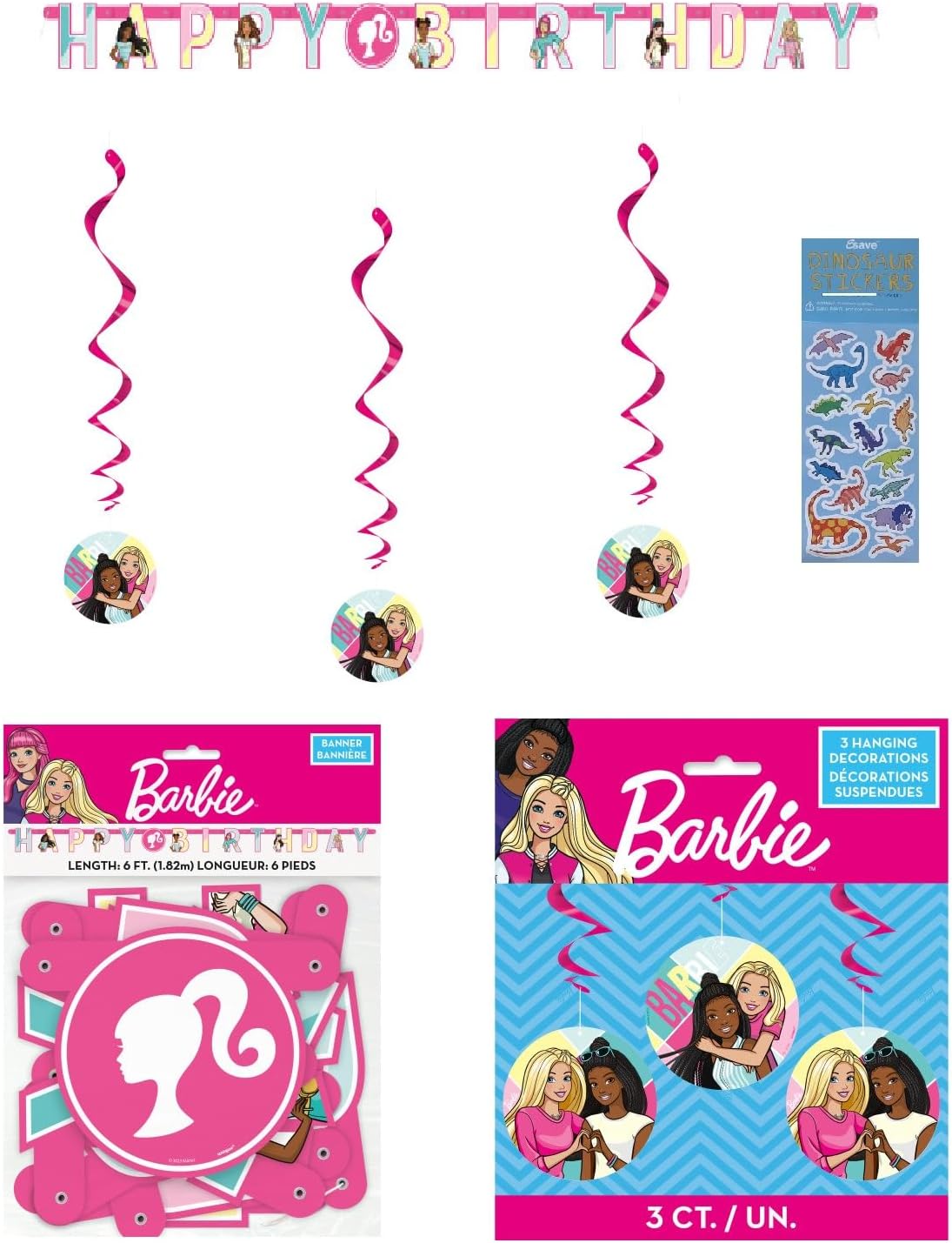 Barbie Birthday Party Supplies Bundle includes 1 Happy Birthday Banner, 3 Hanging Swirl Decorations, 1 Dinosaur Sticker Sheet