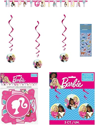 El paquete de suministros para fiesta de cumpleaños de Barbie incluye 1 pancarta de feliz cumpleaños, 3 decoraciones de remolinos colgantes, 1 hoja