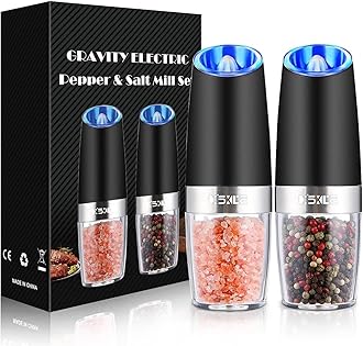 Sweet Alice Gravity Electric Pepper and Salt Grinder Set, Adjustable Coarseness, Battery Powered with LED Light, One Hand Automatic Operation, Stainless Steel Black, 2 Pack