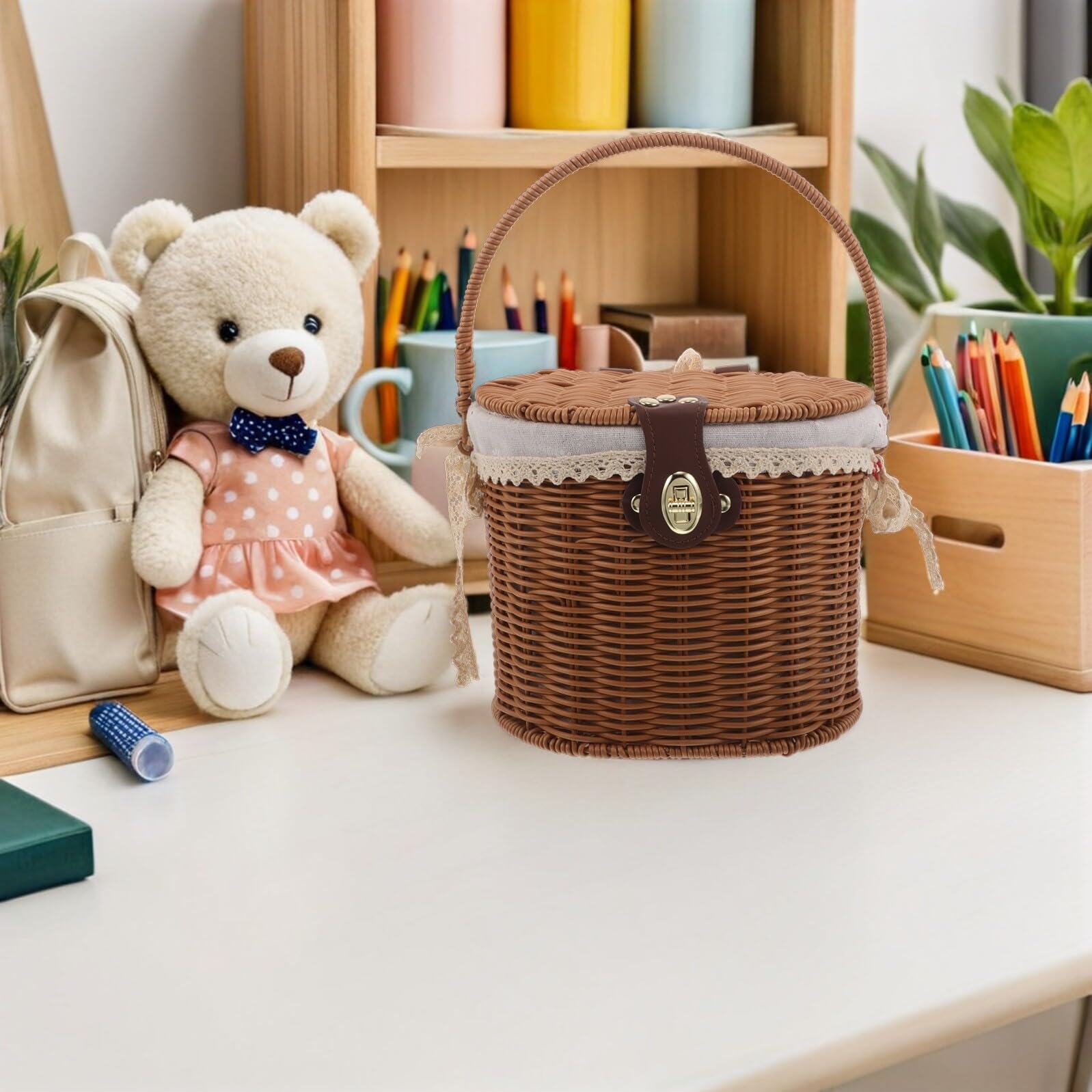 PRETYZOOM Cesta Tejida a Mano Pequeña con Tapa y Asas Forro de Tela Interior Cesta Decorativa Multiusos para Almacenamiento y Picnic y Cocina Estilo Rústico Natural