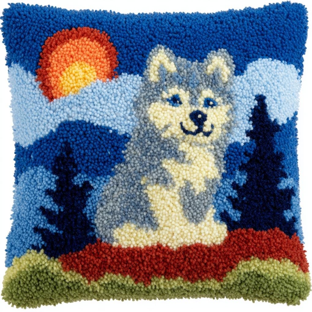 Henypt Latch Hook Kit 17x17 Inch,Animal cub Wolf DIY Cushion Cover Kit for Adults Beginners with Printed Canvas & Complete Tools,43x43cm