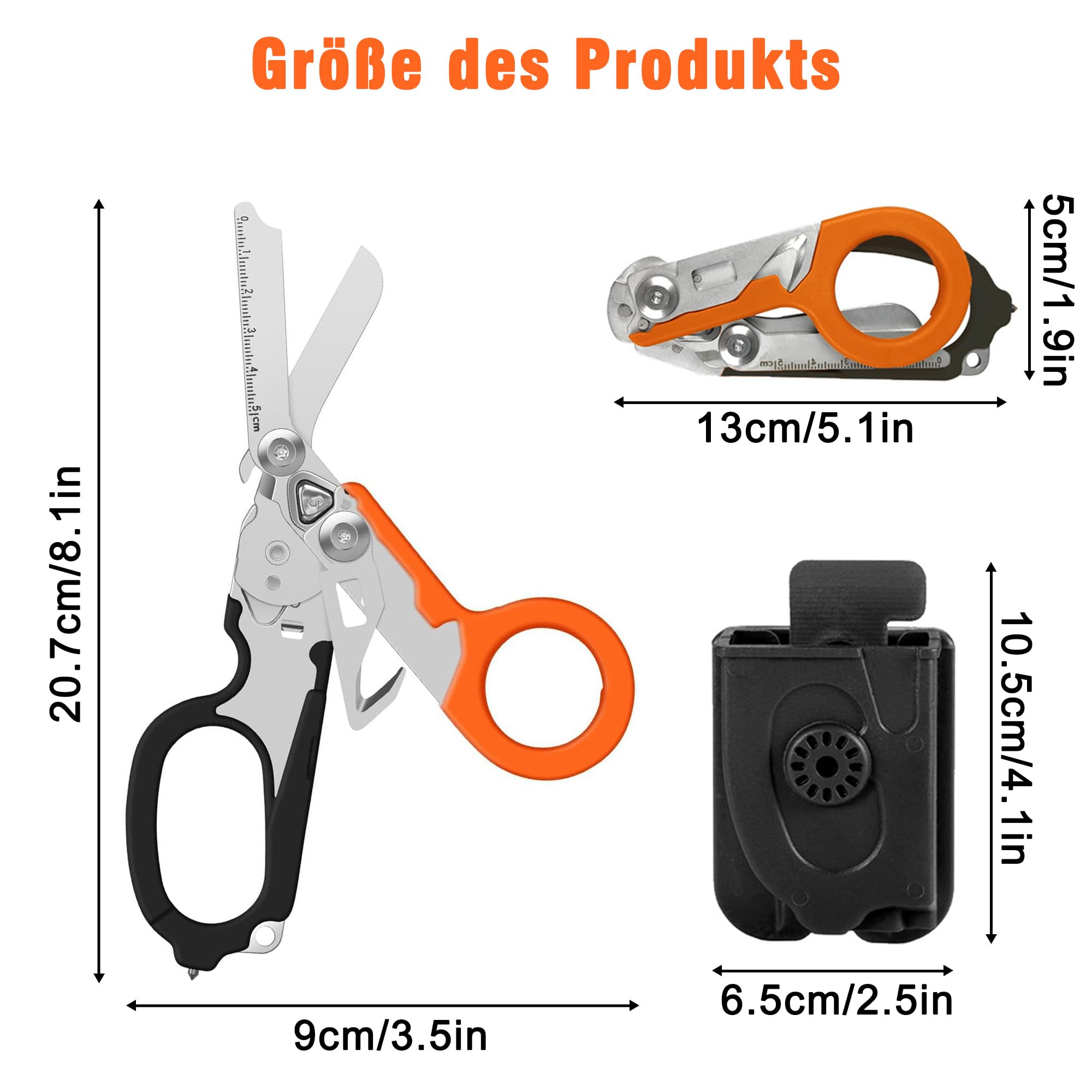 6-in-1 Rettungsschere mit Holster: Faltbare Kleiderschere Rettungsdienst Schere aus Edelstahl mit Gurtschneider und Glasbrecher für Outdoor-Camping Notfallaufgaben