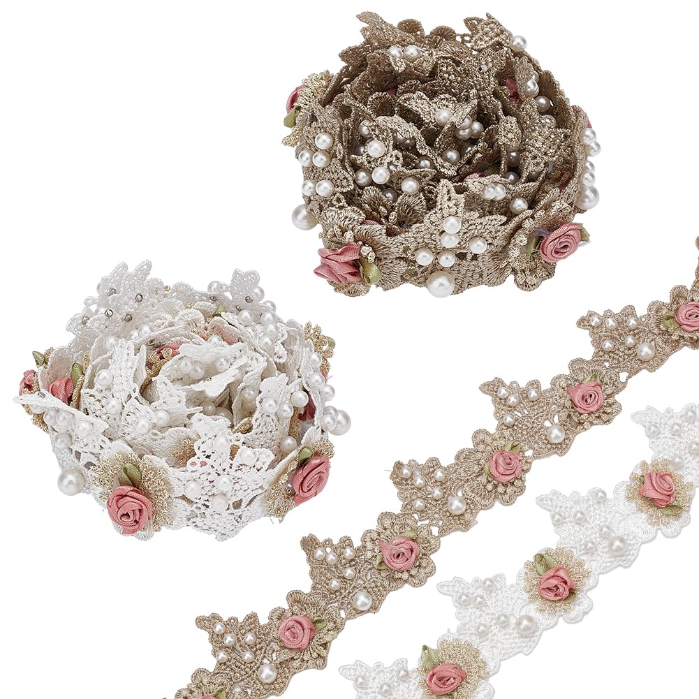 WEBEEDY 2 Yards Pearl Rose Flowers Lace Trim 2 Styles Floral Beads Lace Edge Trim Ribbon Fabric Embroidered Applique for DIY Sewing Craft Clothes Wedding Dress Embellishment,5 cm Width