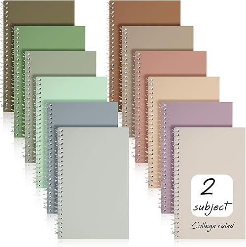 Teling 12 cuadernos en espiral pequeños de 2 materias con rayas universitarias de 9-12 x 6 pulgadas, 100 hojas de colores surtidos, línea fácil de