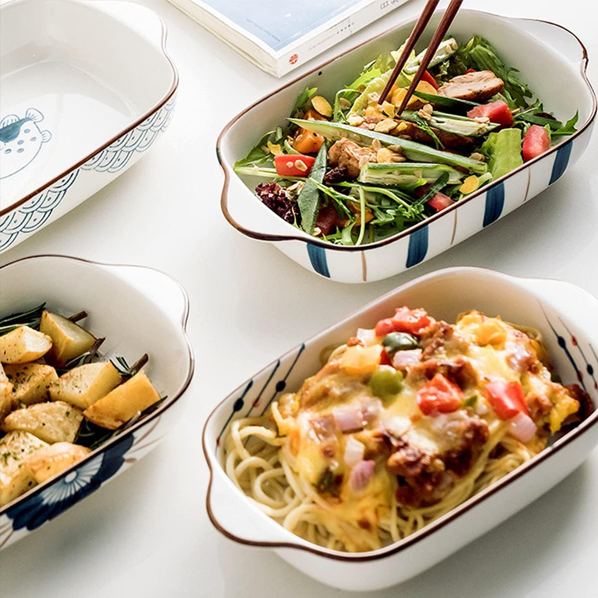 Baking Tray,Ceramic Bakeware,Porcelain Bakeware Set Small Size Baking Dish Lasagna Pans with Casserole Dish Rectangle Pan with Double Handle, Set of 2,D (Color : D) (Color : C) (Color : D)