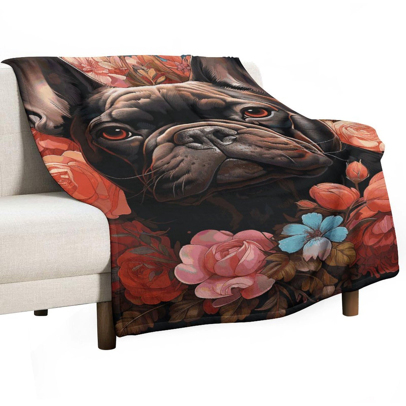Couverture polaire bouledogue et fleurs 76x127cm en flanelle douce