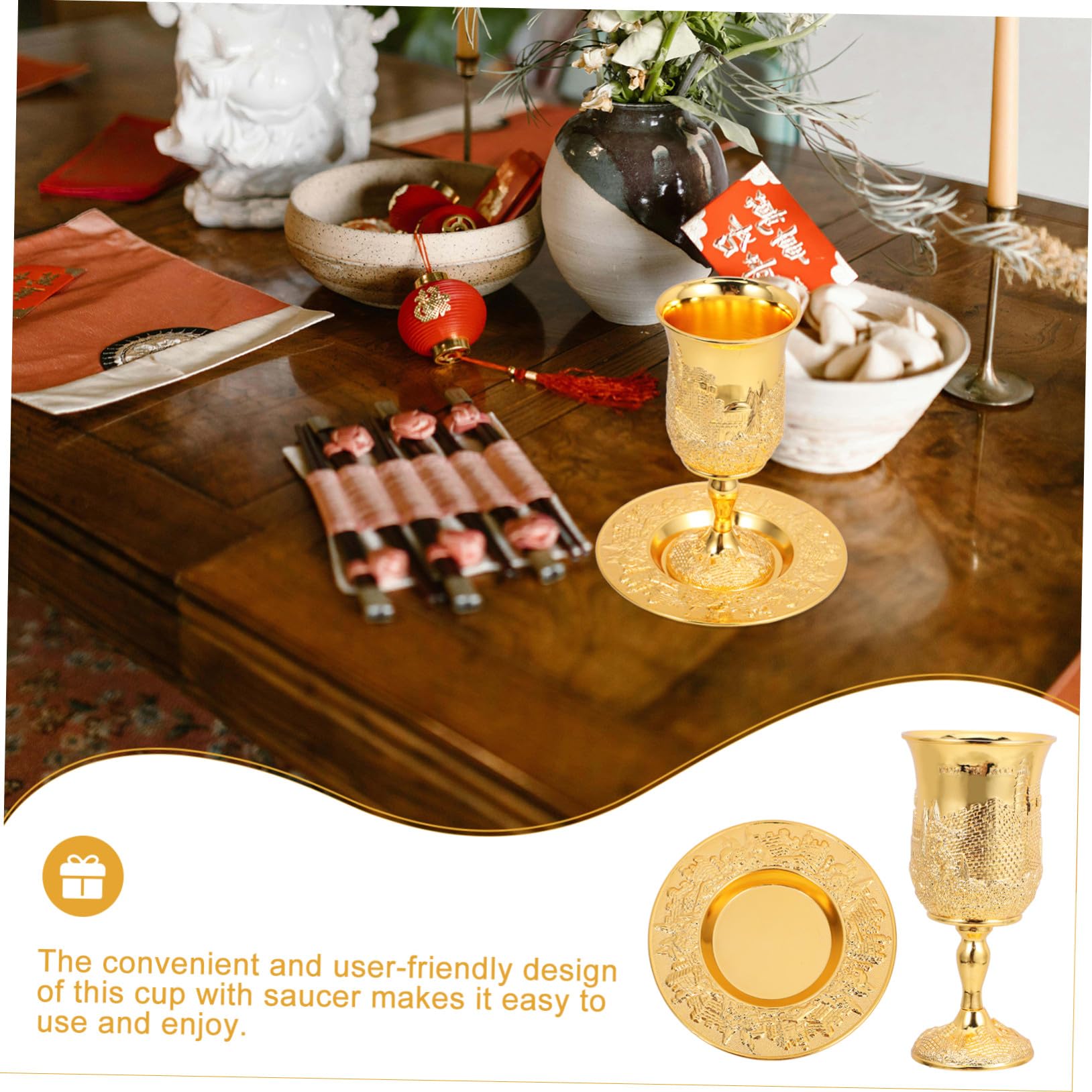 Baluue Copa De Vino De Shabat y Copa De Kidush Del Vino De Pésaj Dorada Con Platillo, Cristal Resistente, Para Celebraciones Judaicas y Día Festivo, Juego 1 Unidad