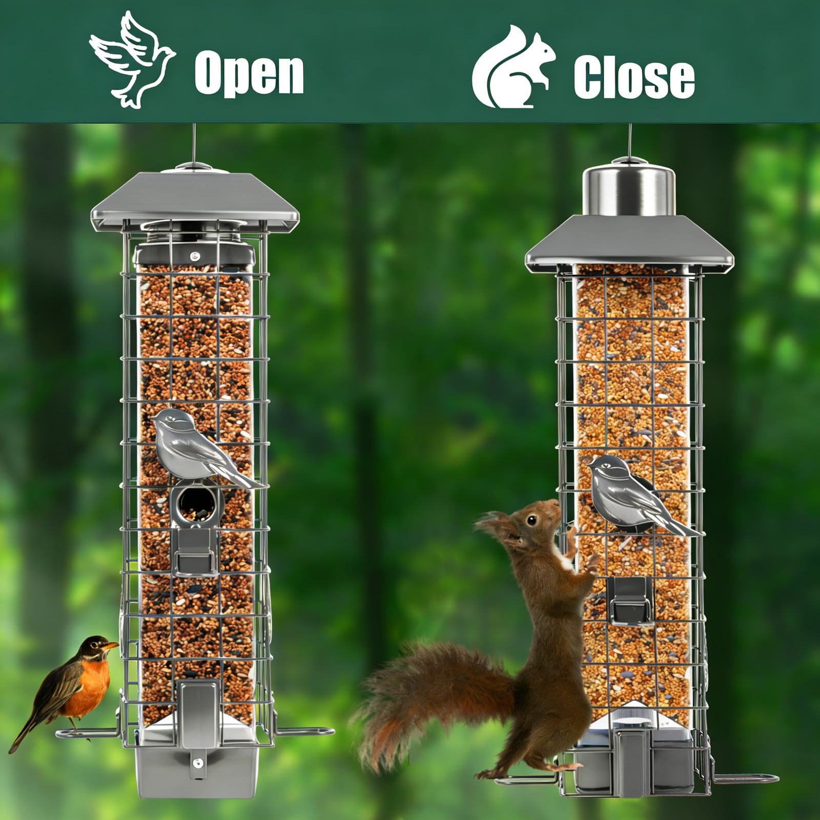 Comederos de pájaros a Prueba de Ardillas para Exteriores, comedero de Metal para pájaros Silvestres para Colgar en el Exterior, 4 Puertos, Gran Capacidad de 3 Libras (Gris)