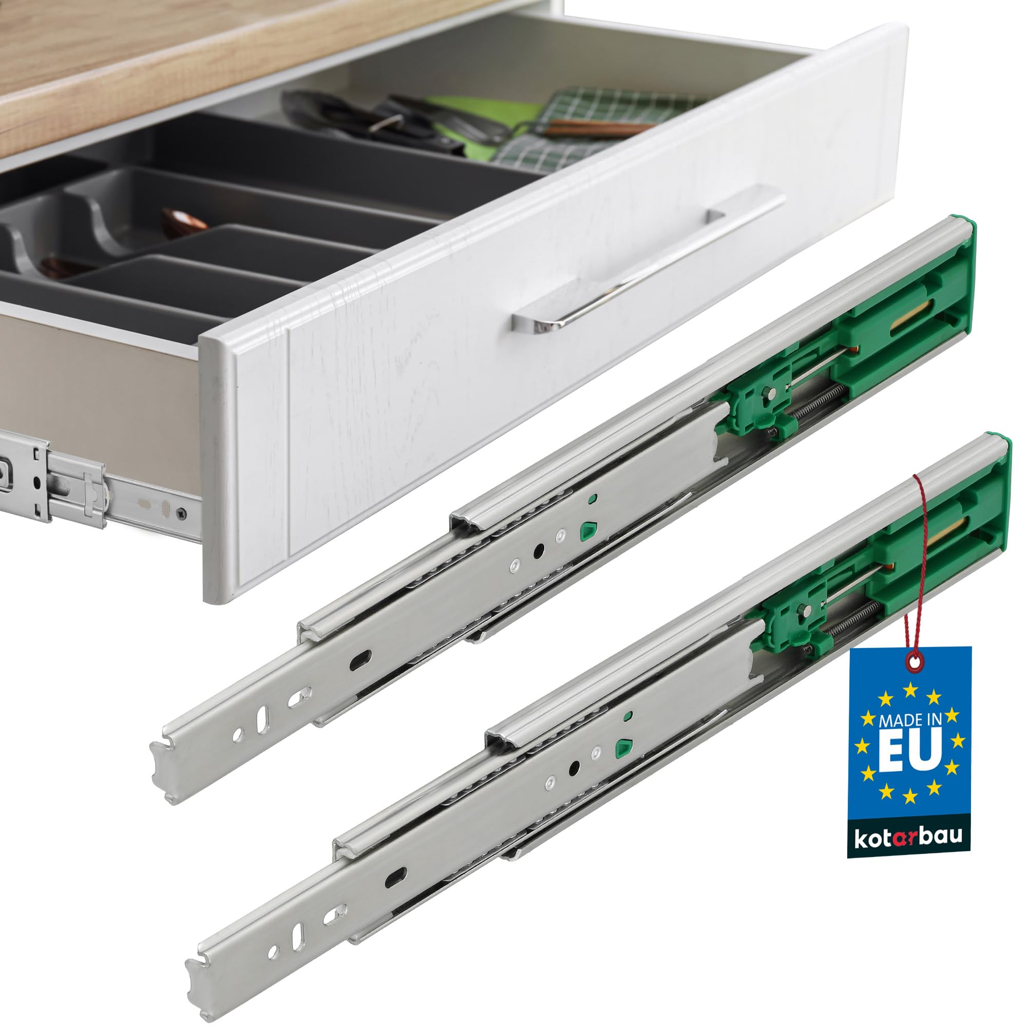 KOTARBAU® Guías para cajones con rodamiento de bolas 250 mm, Guías telescópicas de extensión total, Guías laterales para cajón con autocierre, Correderas con rodamiento de bolas, Deslizamiento suave