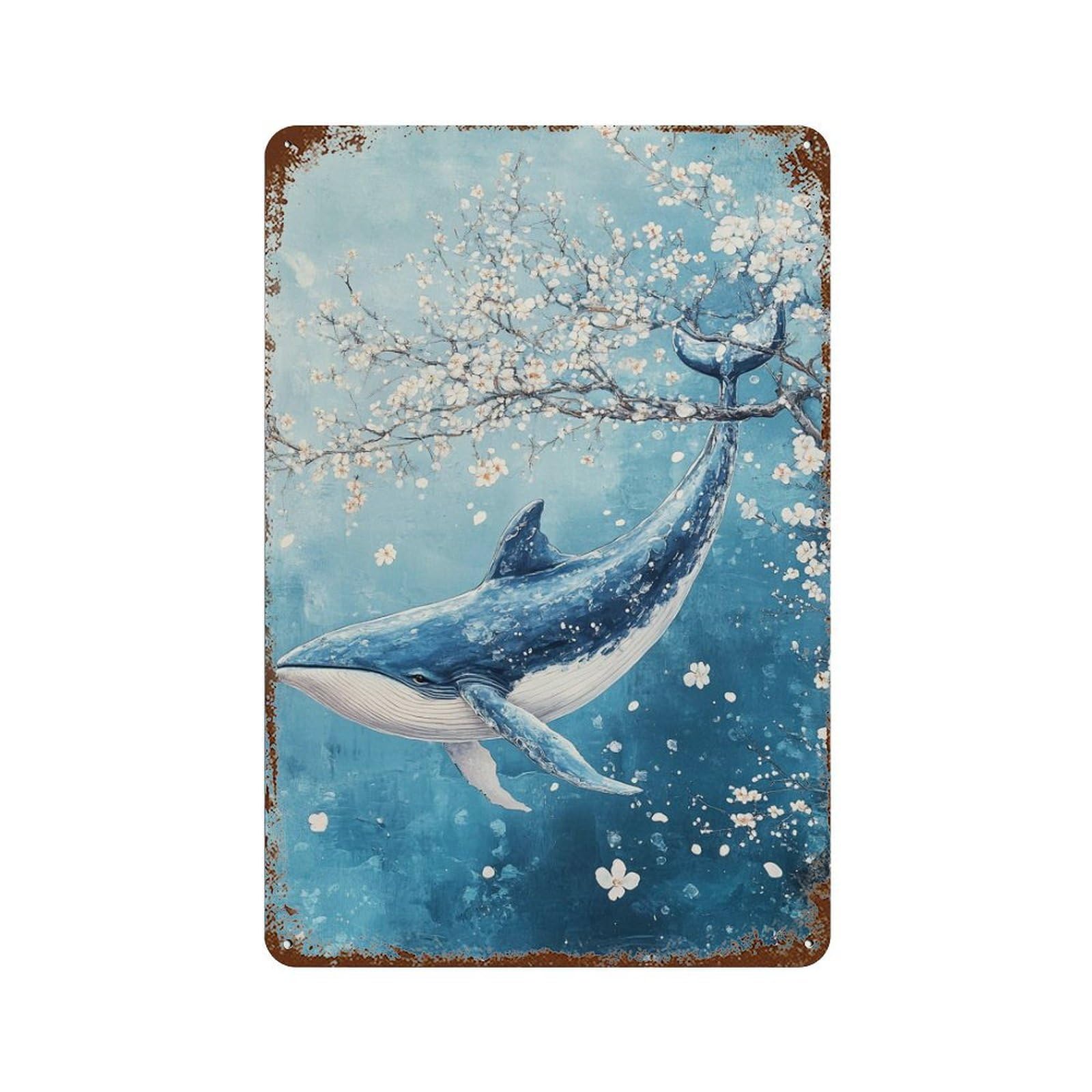 Whale And Cherry Blossoms Art Print Rustic Tin Plaque 11.8"x7.9", for Shed, Workshop And Garage Wall Decor, Farmhouse Wall Decor