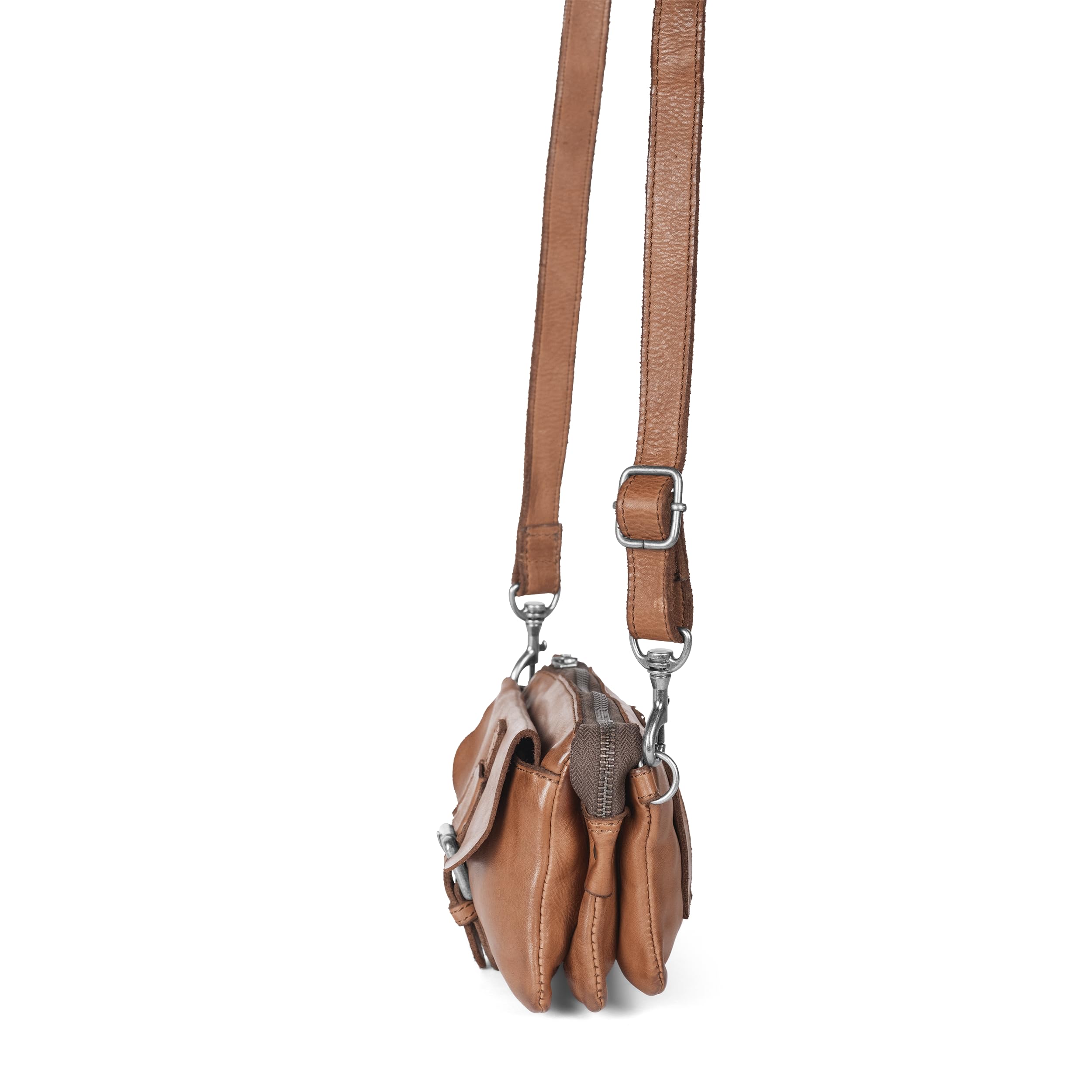 Handtasche DANY, kleine Damen Umhängetasche aus Leder, als Gürteltasche tragbar, 3 Fächer mit Reißverschluss für perfekte Organisation, cognac