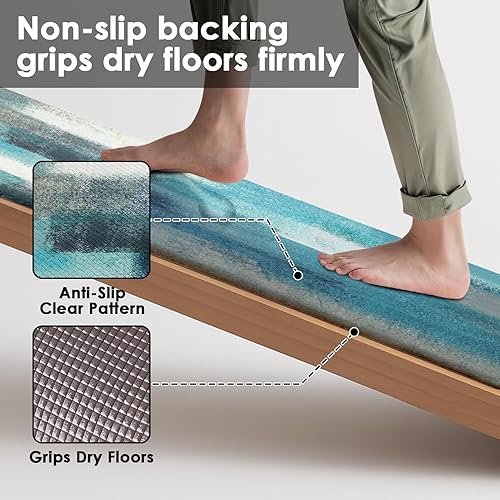 Miniatura 4 de Arttown Juego de 2 tapetes de cocina antifatiga verde azulado con diseño abstracto de color gris, tapete antideslizante impermeable y tapete