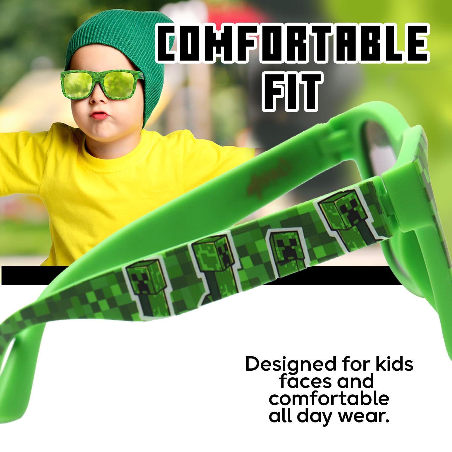 Sun-Staches Minecraft Sonnenbrille von Arkaid – Stilvolle, bequeme und langlebige UV-Schutzbrille für Kinder, Minecraft-Brille mit weicher Tragetasche, offizielles Minecraft-Geschenk für Jungen