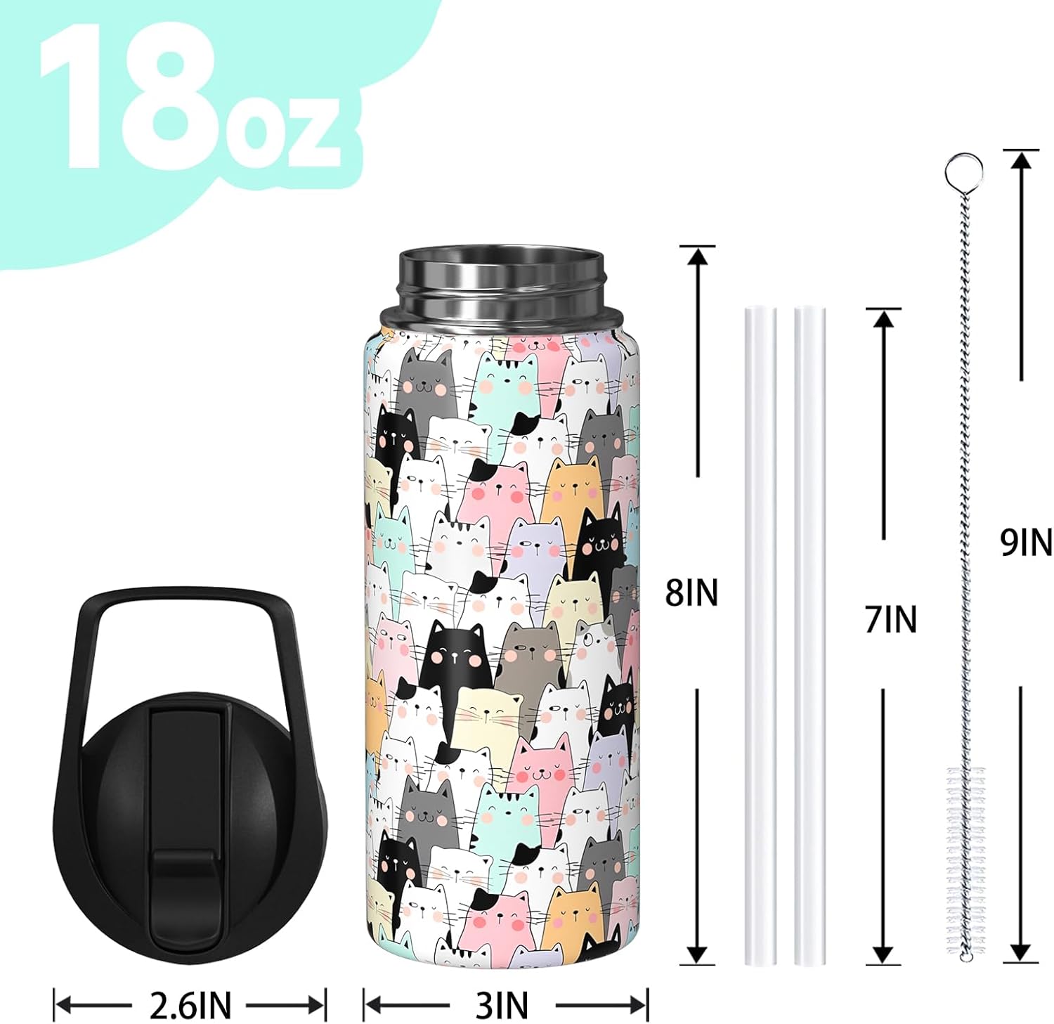Cat Gifts 18oz Water Bottles for Women Men, Cute Cats Stainless Steel Leak Proof Sport & Gym Water Bottle with Flip Straw & Spout Lid (1 PC) - Image 2