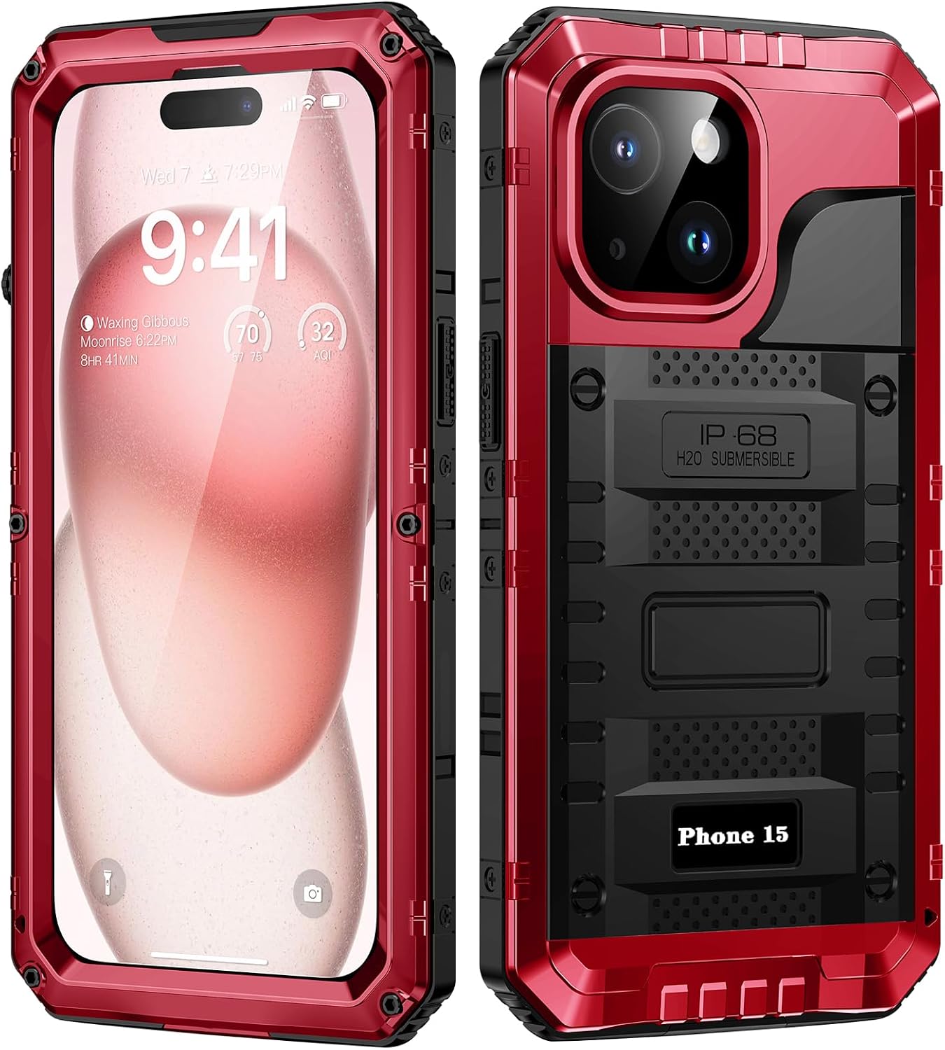 Lanhiem Etui na iPhone 15 Wodoodporne, IP68 Wodoodporny metal, czerwony | Wojskowe odporne na wstrząsy, nietłukące się etui 360 z wbudowaną osłoną ekranu do iPhone'a 15 Case