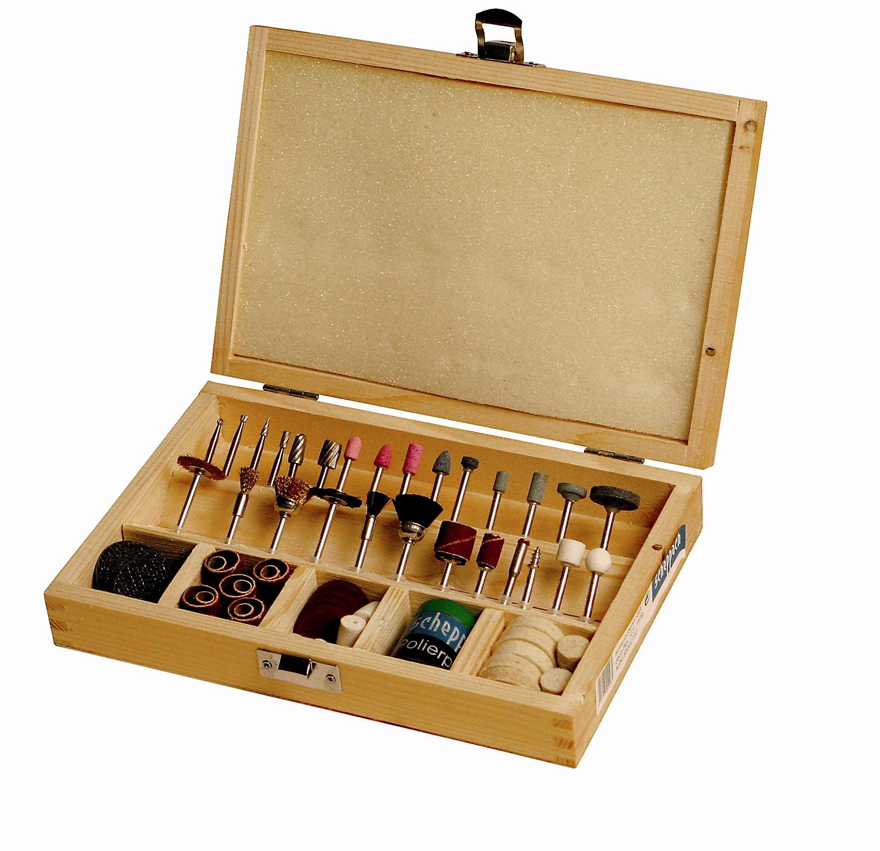 Scheppach 103 teiliges Zubehör-Set mit Holzkoffer | Aufsätze/Werkzeugset für Dekupiersäge Modellbausäge Scheppach DECO-FLEX | 88002730