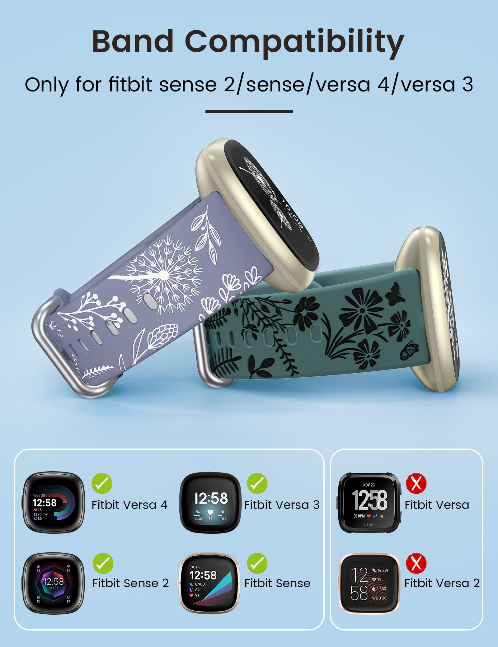 Wearlizer 2 Pack Floral Engraved Strap Compatible with Fitbit Versa 3 Straps/Versa 4 Straps/Sense 2/Sense Bands Women - Image 3