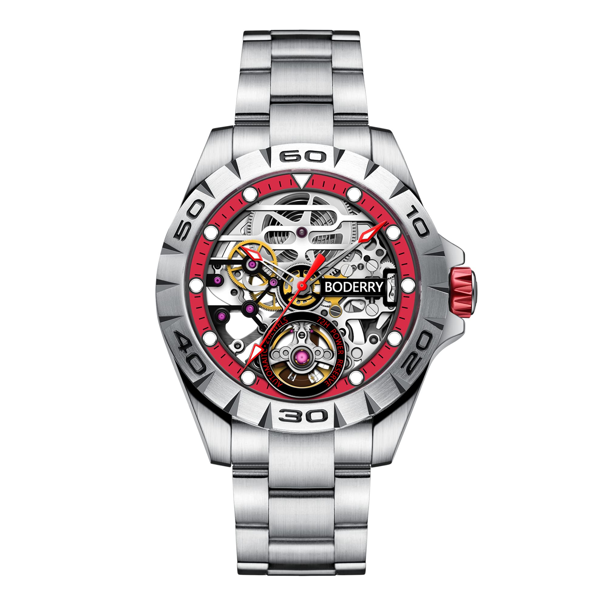 BODERRY Original Urban Mens 72H Power-Reserve Stainless Steel Skeleton Watches Fashion Automatic-Self-Winding Mechanical Luminous Wrist Watch with Rubber/Leather Strap, RedSteel, Mechanical (B085HRPD17) Amazon Price History, Amazon Price Tracker
