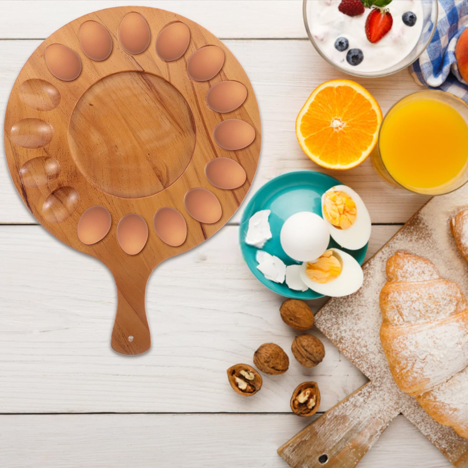 Abaodam Organizador de Huevos para Refrigerador y Encimera, Bandeja de Madera Diseño Compartimentado de 16 Agujeros, Pulido Fino y Estilo Creativo para Cocina