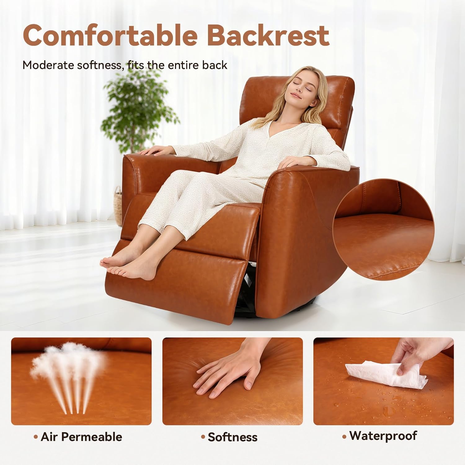 Himimi Power Recliner Chair, Swivel Rocker Recliner with Massage and Heat, Nursery Glider for Living Room, Small Space, Faux Leather, USB, Side Pockets, Orange-Brown