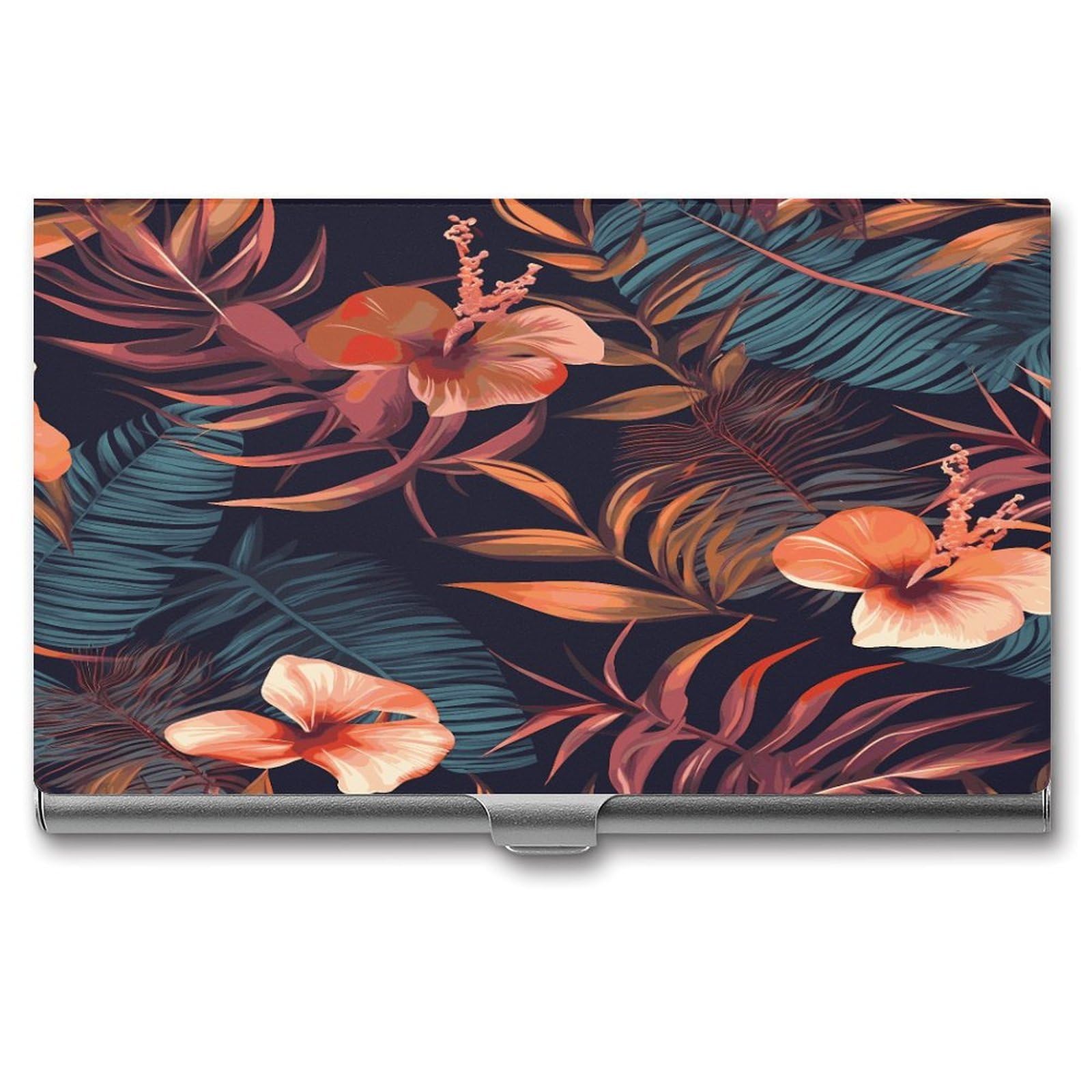 LDGSUPH Tropical Flower Business Card Holder Fashion Slim Name Card Holder Minimalist Design Case Metal Card Carrier Personalized Business Card Case with Flip for Men Women