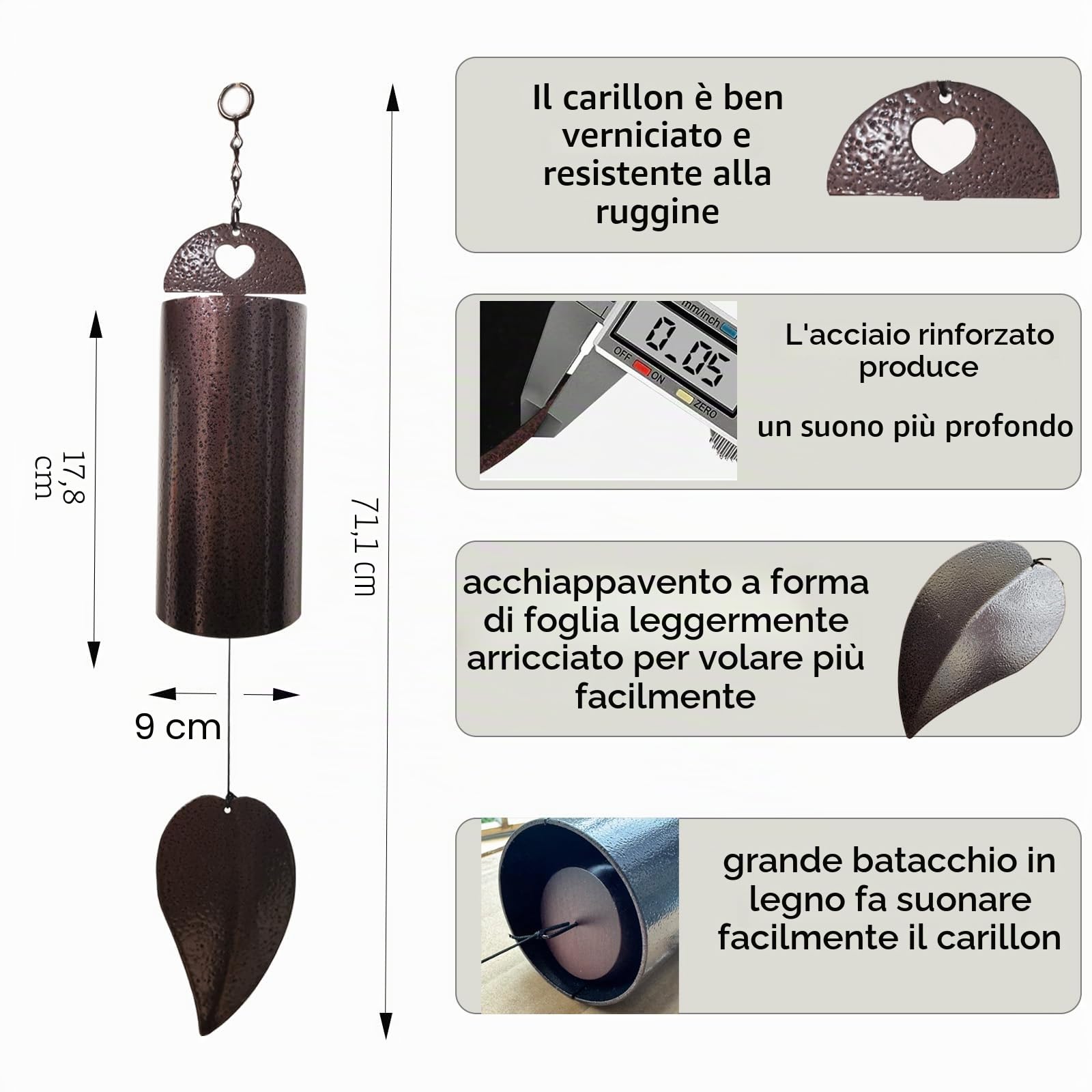 Campana a vento per esterni con suono profondo commemorativo a risonanza profonda, cilindrica, in rame anticato, regalo, decorazione giardino, decorazione casa, 71,1 cm, misura grande